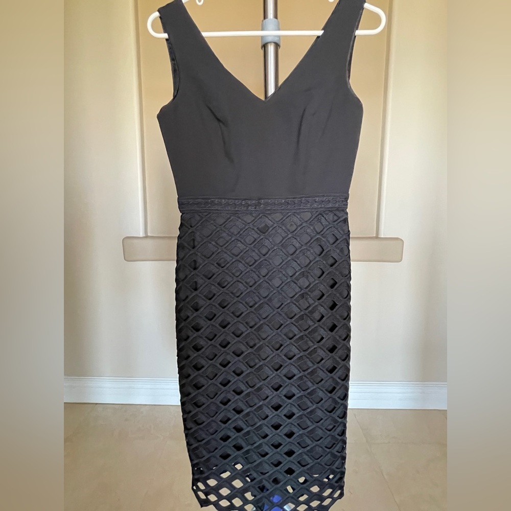 White House Black Market, Black Cocktail Dress, patterned skirt. New With Tags